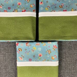 3 Homemade Floral Pillowcases Green Border White Trim Standard/Queen